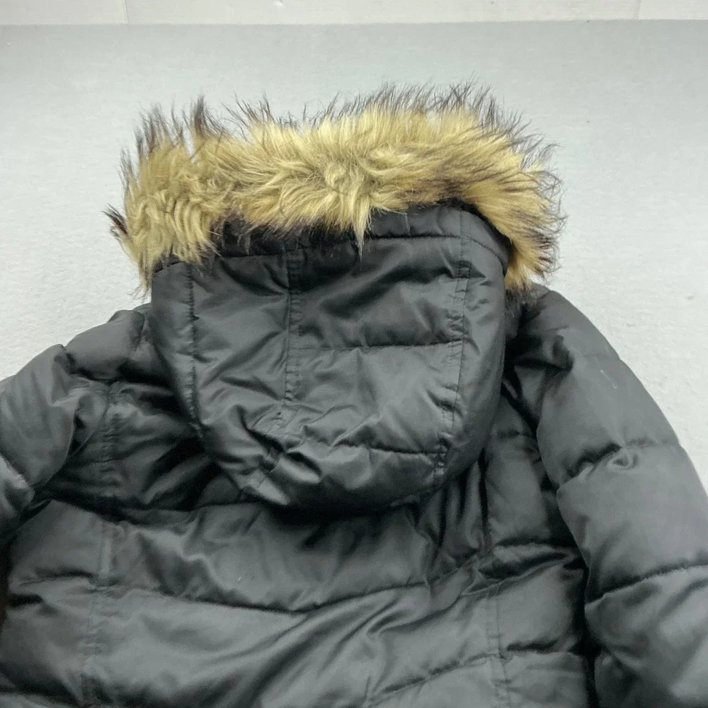 Lands' End Puffer Parka Faux Fur Hood Black Girl Small PrimaLoft Quilted Coat